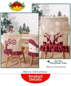 Detail of linen Christmas chair cover with elk embroidery and red buffalo plaid ruffles