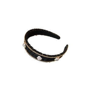 Elegant black tweed headband with camellia flower and pearls for a vintage luxury look