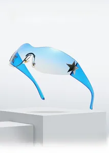 Detail of blue gradient frameless sunglasses featuring silver star metal ornaments