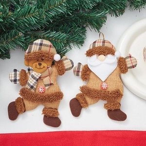 Christmas plush ornaments set featuring Santa and bear with checkered hats for tree decor