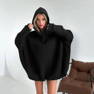 Oversize black hooded sweatshirt with drawstring hem and long sleeves for women