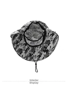 Detail view of the camouflage sun hat interior featuring a chin strap and wide brim lining