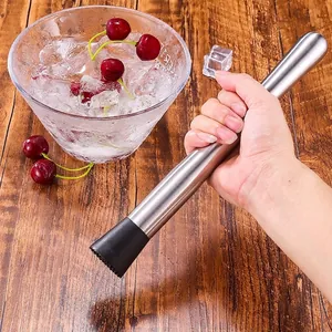 Polished stainless steel cocktail muddler with ergonomic handle and serrated nylon head