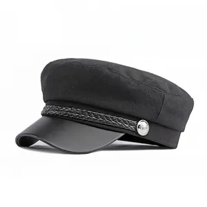 Vintage Newsboy Cap Woolen Felt Captain Hat With PU Leather Brim Braided Rope Metal Button British Style Peaked Cap