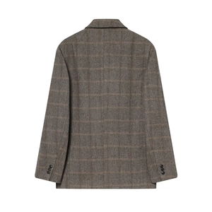 Brown plaid linen-blend blazer for women featuring classic herringbone pattern and back view