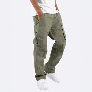 Men's army green cargo pants with multi-pockets and adjustable drawstring cuffs