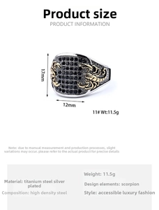 Detail view of men's stainless steel ring with gold scorpion relief and black stone