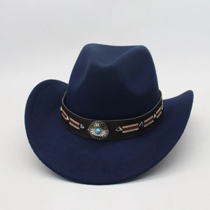 Dunkelblauer Western-Cowboyhut mit Lederband und türkisfarbener Metallschnalle