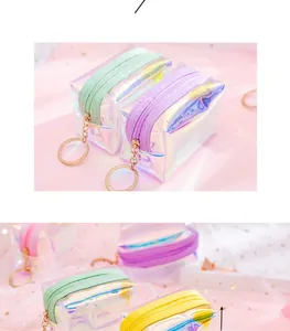Macro view of transparent laser coin purse showing compact 6.3cm size and golden keychain