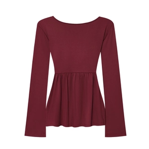 Damen Oberteil in Weinrot mit Langarm, modischem Knotendetail und eleganter Schößchen-Taille