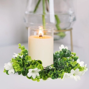 Artificial eucalyptus candle ring wreath with white flowers for home table decoration
