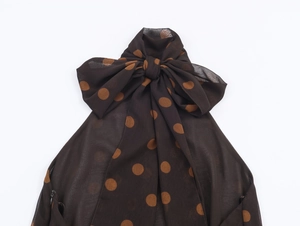 Detail of a brown polka dot chiffon halter top featuring a large decorative neck bow