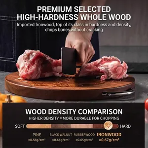 Solid round ebony wood cutting board with metal handle for high density chopping