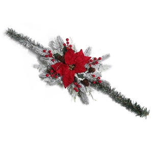Close-up of Christmas wreath with a large red poinsettia and snow-covered pine needles