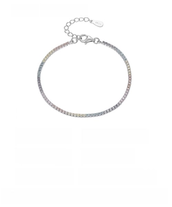 Close-up of S925 sterling silver rainbow tennis bracelet with multi-color cubic zirconia