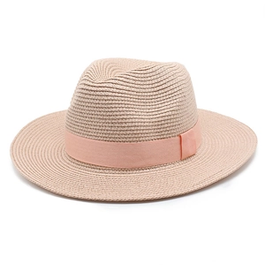 Detail of classic beige woven straw Fedora hat with a peach pink silk ribbon band