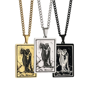 Detailed comparison of gold silver and black The Hermit tarot card rectangle pendants