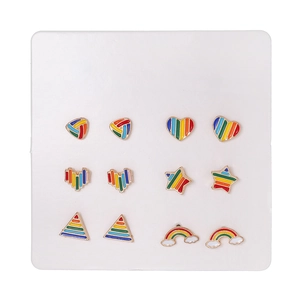 6-pair set of rainbow heart and star stud earrings in colorful enamel finish