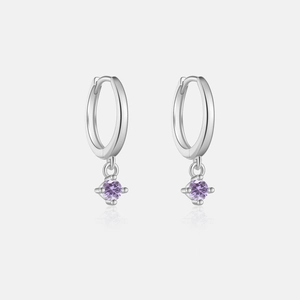 Detailed view of S925 sterling silver hoop earrings with purple gemstone pendants