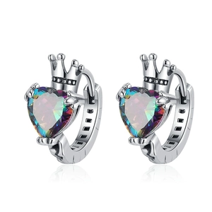 Vintage Crown Heart Hoop Earrings With Rainbow Zircon And Earring Post Retro Personalized Jewelry