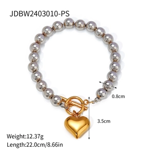 Bracelet à perles en acier inoxydable avec pendentif cœur doré et perles argent