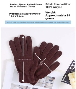 Close-up of dark red knitted acrylic gloves with measurement details 19.5x9.5cm