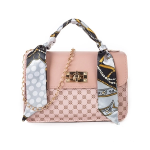 Pink PU leather square bag with monogram pattern and silk scarf wrapped handle