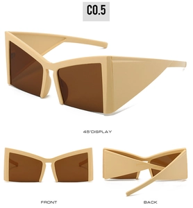 Three-angle display of beige cat-eye sunglasses with brown lenses and geometric frame