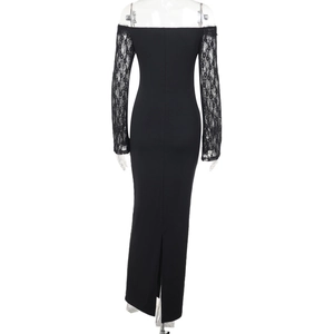 Vue arrière d'une robe noire élégante à épaules dénudées avec des manches en dentelle
