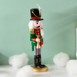25CM Green Soldier Nutcracker with Black Feather Hat Holding Gold Trumpet Ornament