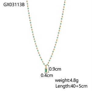 Detail view of green beaded necklace with gold accents and size specifications GX03113B