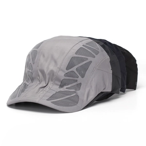 Close-up of quick-dry baseball caps showing breathable side mesh in four colors