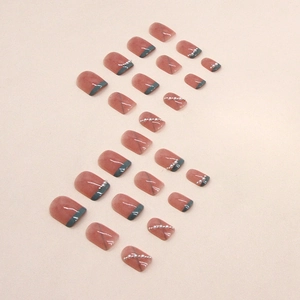 Short green French pearl press-on nails set with 24 pieces of marble line patterns