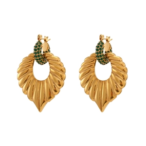 Elegant 18K gold-plated leaf drop earrings with green rhinestones on white background