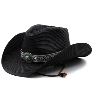 Black western straw cowboy hat with turquoise bead and decorative band for outdoor wear
