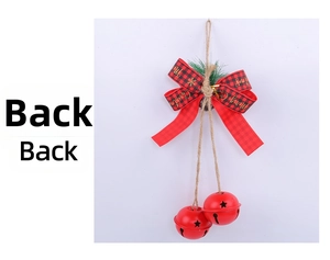 Detailed back view of red Christmas iron bells with buffalo plaid bow and merry text