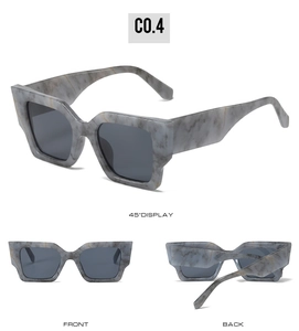 Three-view display of square grey marble pattern sunglasses with dark grey lenses