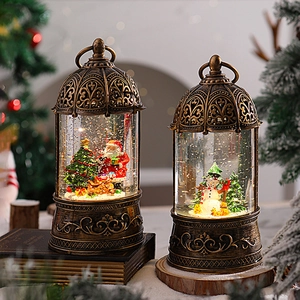 Detail of vintage bronze Christmas music box with Santa and snowman inside lantern