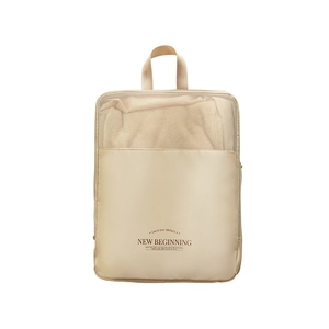 Beige travel clothes storage bag with breathable mesh and top handle on white background