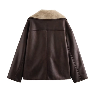 Back view of brown faux leather jacket with beige sherpa collar and cross stitching