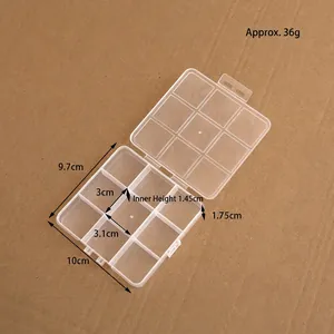Detail of 9-compartment clear PP plastic storage box showing inner height of 1.45cm