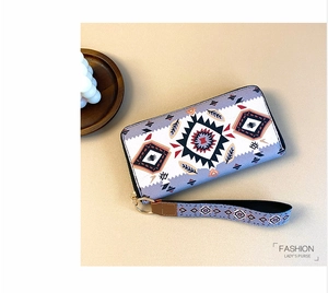 Close-up of long zip-around purse with ethnic geometric patterns and wrist strap