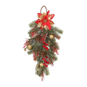 Christmas teardrop swag with red poinsettia flowers, pine cones and gold ornaments