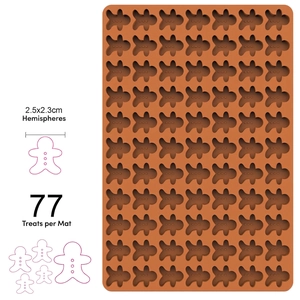 Detailed view of brown silicone gingerbread man mold for 77 small baking treats