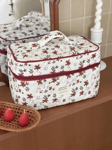 Detailed close-up of a quilted corduroy toiletry bag with vibrant floral print and handle