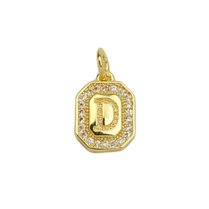 Detail of 18k gold plated letter D pendant with square zircon borders and a luxury finish