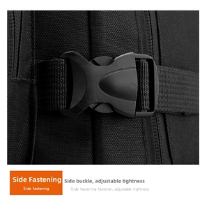 Macro side view of durable black adjustable buckle and high-density nylon strap on the backpack