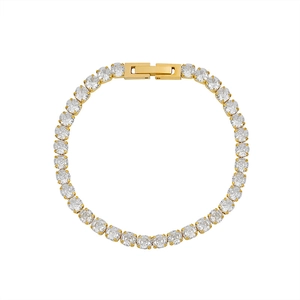 Classic gold plated tennis bracelet with full round cut pavé crystals on white background