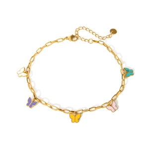 16k gold stainless steel anklet featuring five colorful enamel butterfly charms