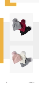 Detail of knit beanies with faux fur pompom and ribbed cuff in various trendy colors